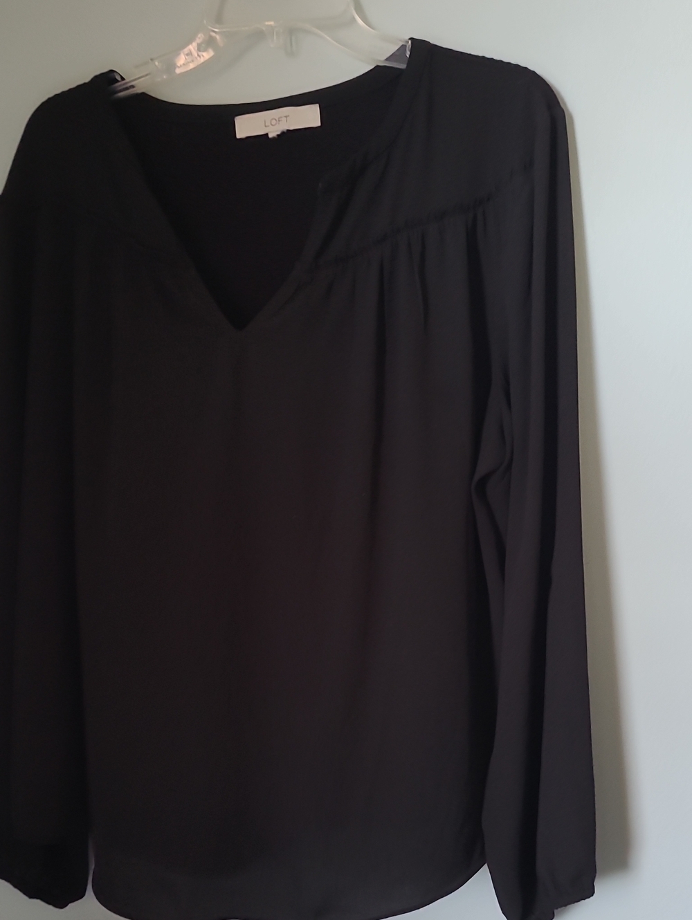 LOFT Black V-Neck Long Sleeve Blouse with Gathered Yoke